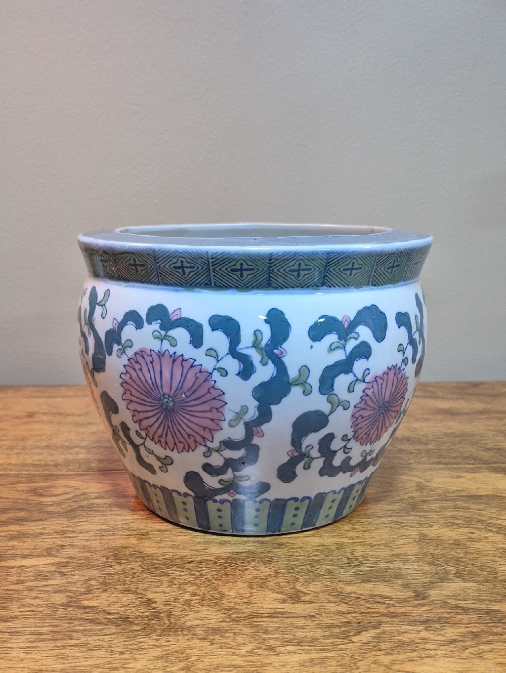 Vintage White Ceramic Planter with Green and Pink Floral Motif - Picture 2 of 14